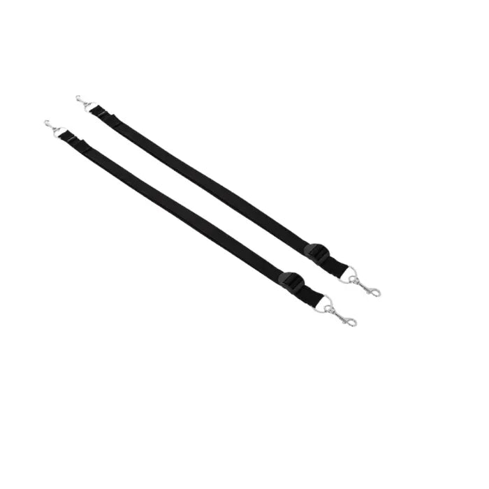 Black adjustable bondage tether straps with metal clips by Sportsheets on white background