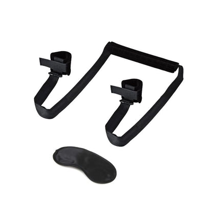 Adjustable position spreader strap displayed with free satin blindfold for sensory play