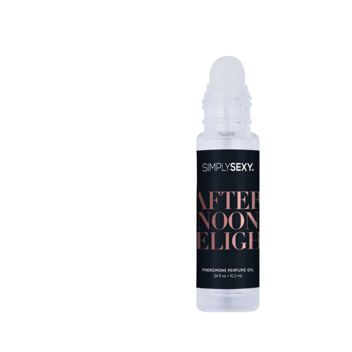 Simply Sexy Afternoon Delight roll-on pheromone perfume with black bottle, gold lettering, and gold cap removed to reveal rollerball applicator on white background.