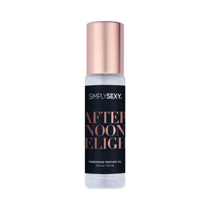 Simply Sexy Afternoon Delight roll-on pheromone perfume with sleek black bottle, gold lettering, and matching gold cap on whte background