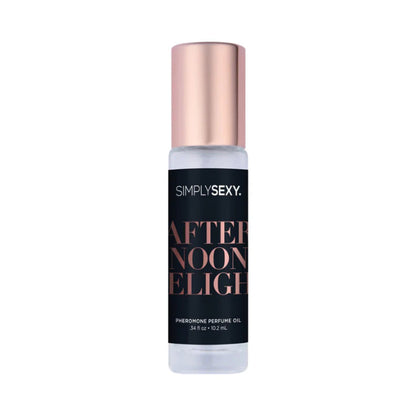 Simply Sexy Afternoon Delight roll-on pheromone perfume with sleek black bottle, gold lettering, and matching gold cap on whte background