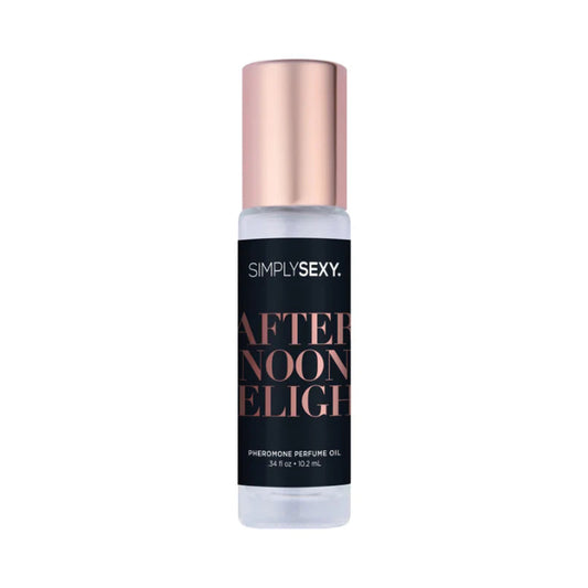 Simply Sexy Afternoon Delight roll-on pheromone perfume with sleek black bottle, gold lettering, and matching gold cap on whte background