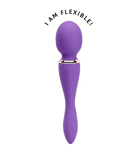 The Alluvion XLR8 Wand demonstrating its flexible hinge as it bends to conform to the body, showcasing its dual-ended design with ergonomic, body-safe silicone in purple color.