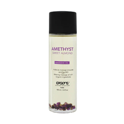 Exsens Amethyst Sweet Almond Crystal Body Oil displayed with amethyst crystals, ideal for clarity and balance