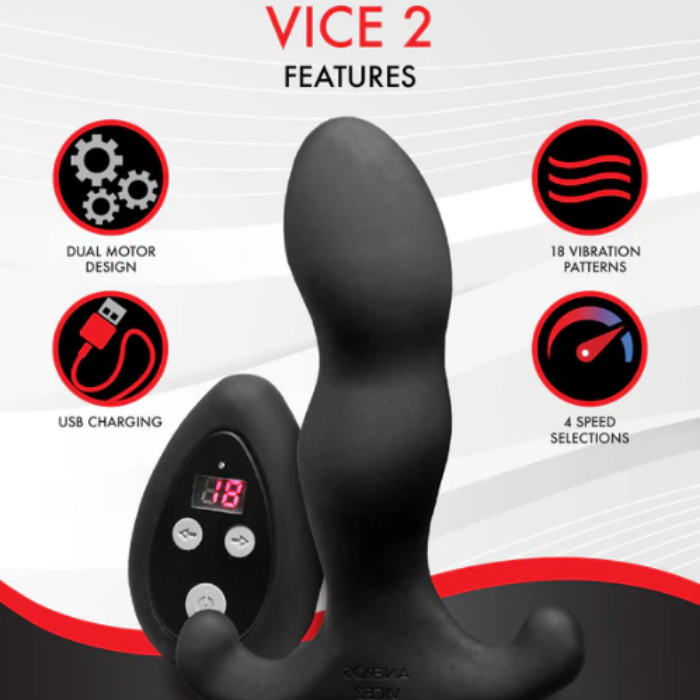 Side profile of Aneros Vice 2 highlighting ergonomic shape for comfortable prostate massage, dual motor design, usb charging, 18 vibration patterns, and 4 speed selections