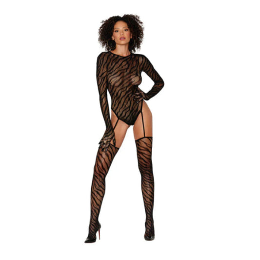 Back view of Animal Print Fishnet Suspender Bodystocking showing sexy keyhole detail and thong design