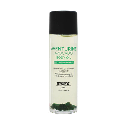Exsens Aventurine Avocado Crystal Body Oil bottle with green aventurine crystals and avocado, designed for luck and deep skin hydration