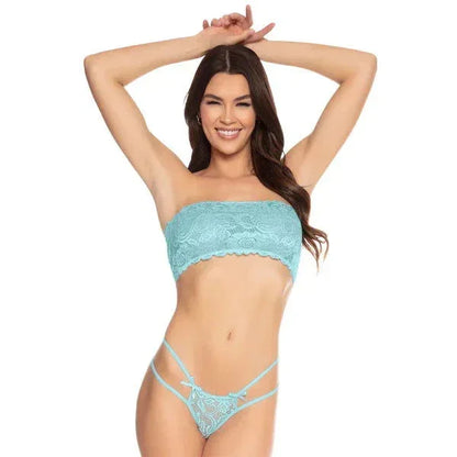 Vibrant stretch lace bandeau bralette and strappy thong with bow details, front view - Vacation Vibes by Pure Romance, sizes M-XL