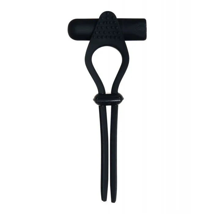 Black Tie Affair vibrating cock ring with bullet inserted, showing textured pleasure platform and adjustable ribbon ties ready for couple's play