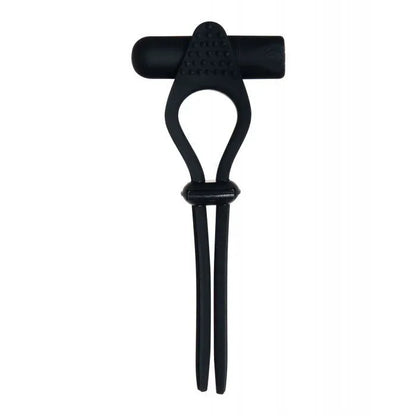 Black Tie Affair vibrating cock ring with bullet inserted, showing textured pleasure platform and adjustable ribbon ties ready for couple's play