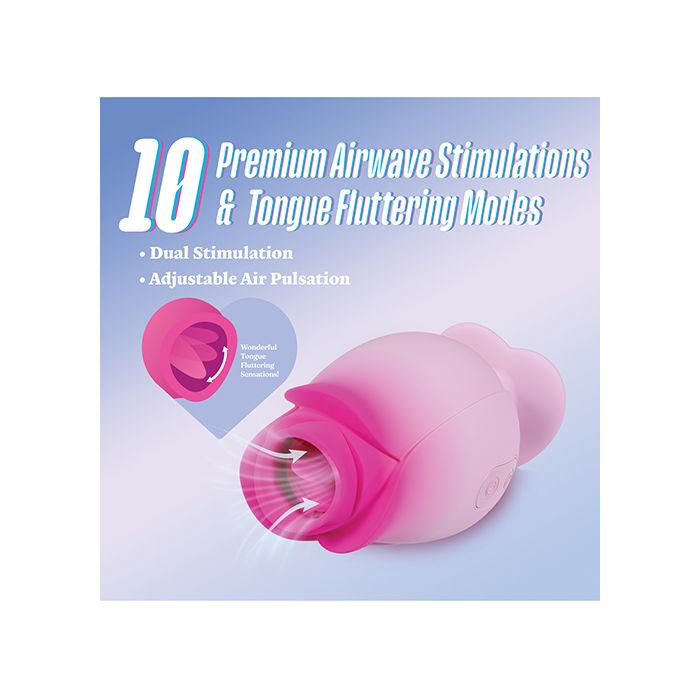 Close-up of clitoral stimulator controls highlighting airwave suction and tongue-fluttering vibration modes on the Blush Tulip Trance