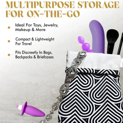 Black Heart Cotton Toy Storage Bag open, showing capacity for vibrators, makeup and more with drawstring detail.