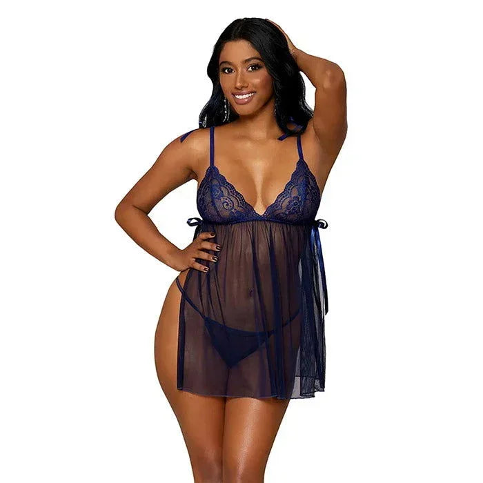 Royal blue sheer babydoll with functional bow ties on shoulders and sides, front view - Pure Romance, size 2X