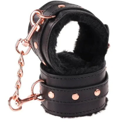 Wrist restraints with rose gold detail and soft lining for comfortable bondage from Sex & Mischief Brat Kit