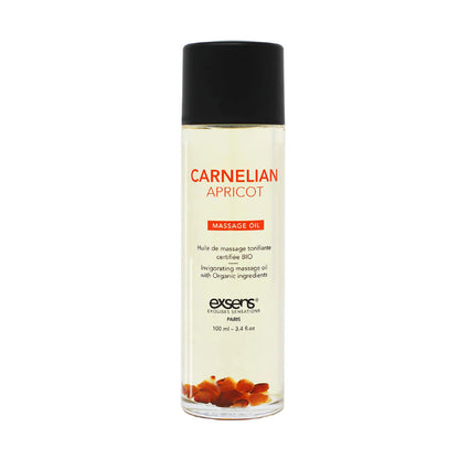 Exsens Carnelian Apricot Crystal Body Oil with carnelian stones and fresh apricots, formulated to energize and inspire confidence