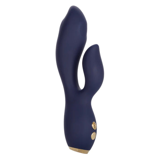 Chic Blossom dual motor rabbit vibrator in navy blue with gold accent buttons and curved G-spot stimulator