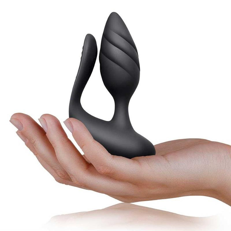 Rechargeable, waterproof, remote control double penetration couples toy in black silicone