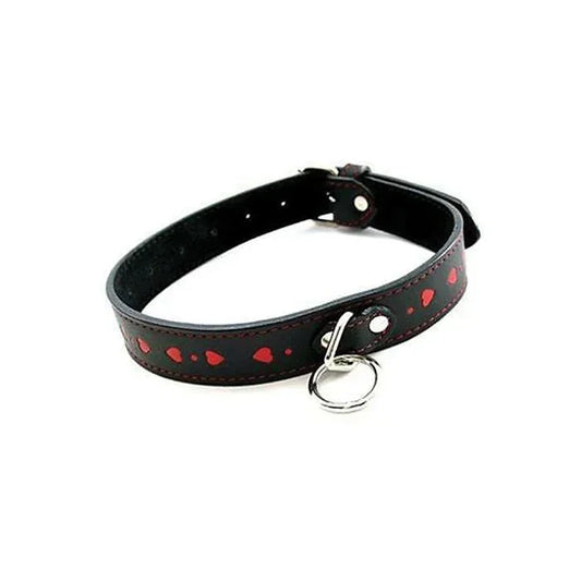 Plesur ornate PU leather heart collar laid flat, showing the heart decorations and adjustable buckle strap.