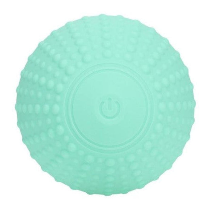 Close-up of ComfortPulse handheld vibrating massager control button for powering on/off and cycling through 10 vibration modes