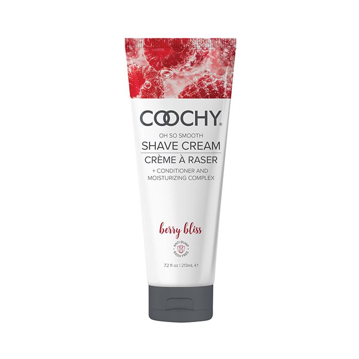 Coochy Shave Cream Berry Bliss scent of succulent berries, sparkling champagne, and tropical island flowers in 7.2 oz size bottle