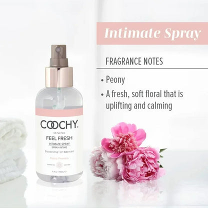 Coochy intimate spray bottle with floral design and product description on a white background