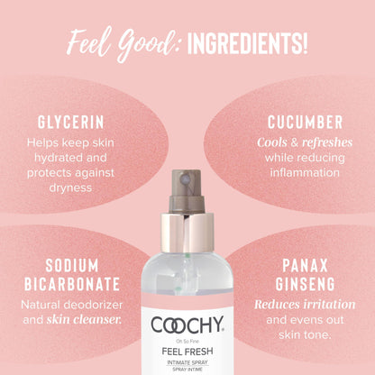 Coochy intimate feminine spray with ingredient information on a pink background