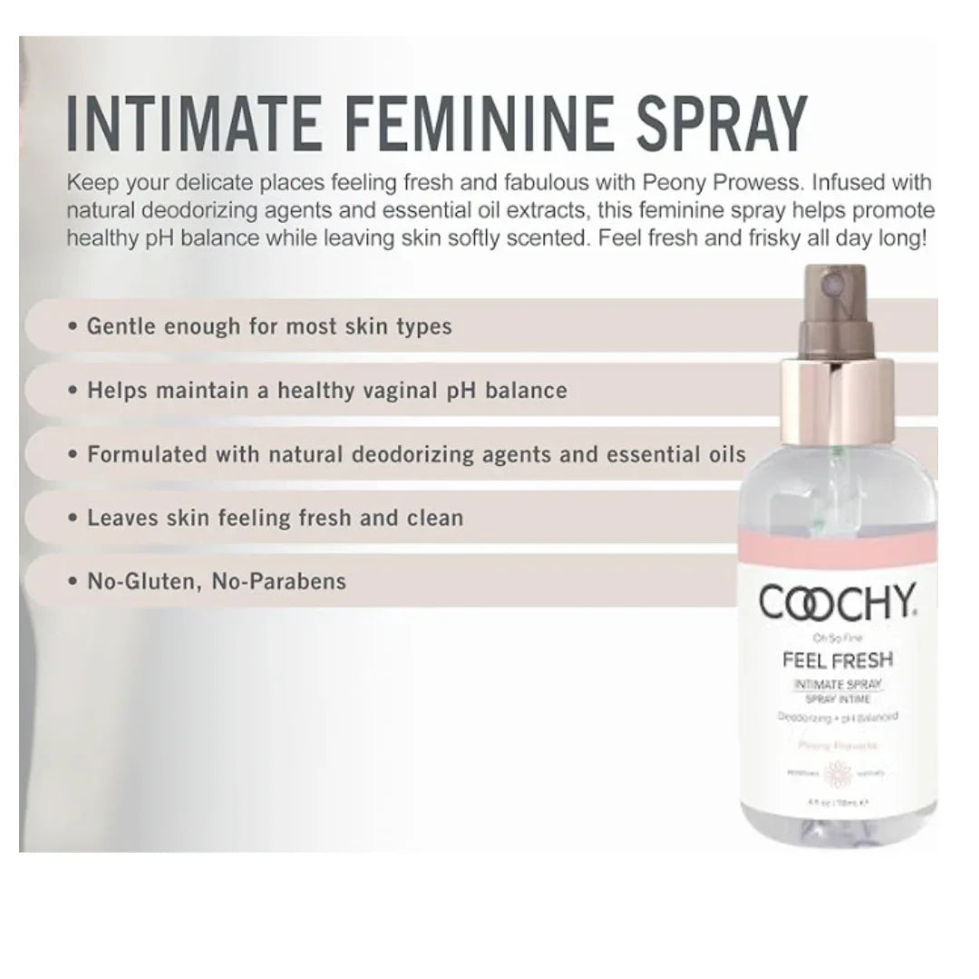 Coochy intimate feminine spray with product features on a white background
