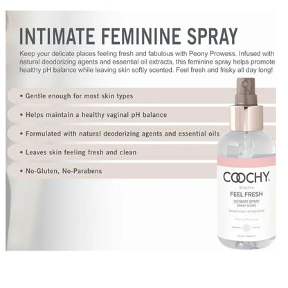 Coochy intimate feminine spray with product features on a white background