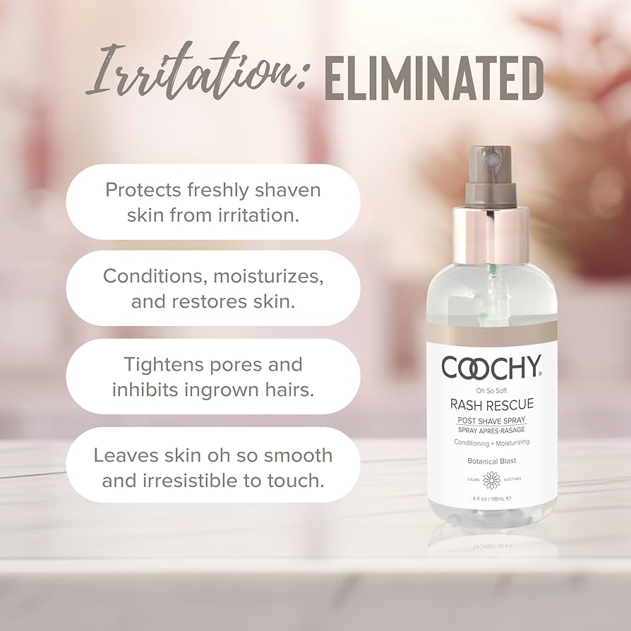 Coochy Rash Rescue After Shave Spray eliminates irritation - protects freshly shaven skin conditions moisturizes tightens pores inhibits ingrown hairs leaves skin smooth