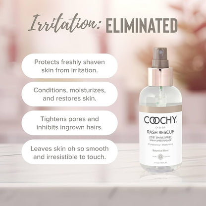 Coochy Rash Rescue After Shave Spray eliminates irritation - protects freshly shaven skin conditions moisturizes tightens pores inhibits ingrown hairs leaves skin smooth