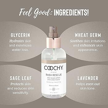 Coochy Rash Rescue feel good ingredients - glycerin wheat germ sage leaf and lavender soothe skin and minimize irritation after shaving