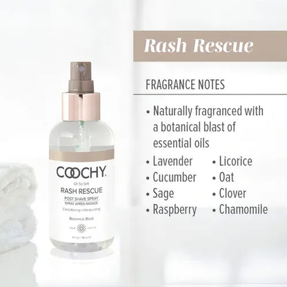 Coochy Rash Rescue After Shave Protection Mist fragrance notes - botanical blend with lavender cucumber sage raspberry licorice oat clover chamomile