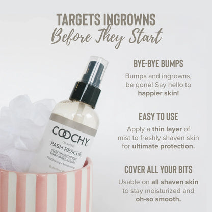 Coochy Rash Rescue targets ingrowns before they start - bye-bye bumps, easy to use thin layer mist for ultimate protection on all shaven skin