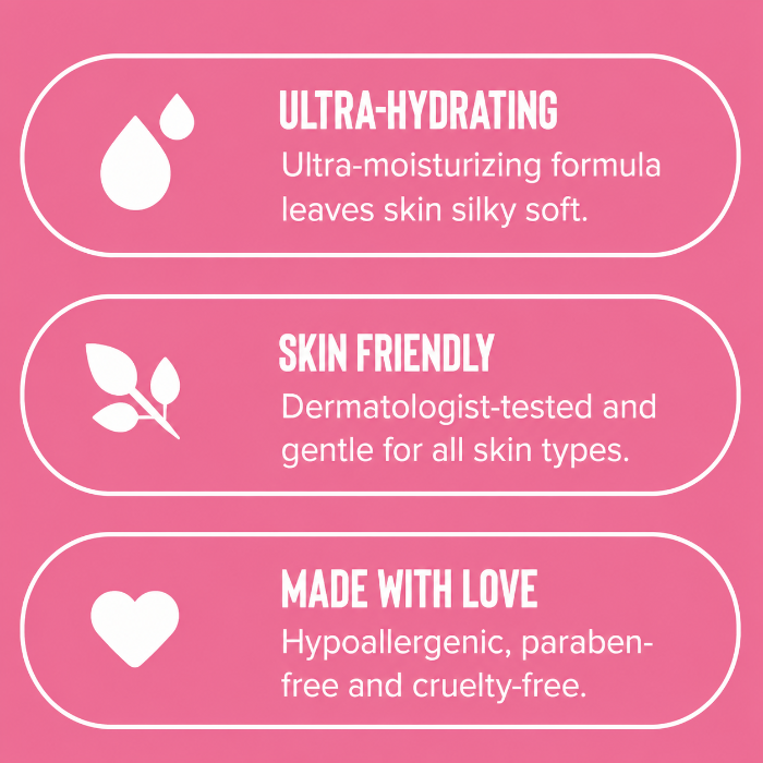 COOCHY Shave Cream benefits graphic highlighting its ultra-hydrating formula, dermatologist-tested ingredients, and hypoallergenic, paraben-free, cruelty-free formula.