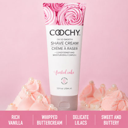 COOCHY Frosted Cake Shave Cream 7.2 oz with pink buttercream frosting and pearl accents highlighting rich vanilla, whipped buttercream, delicate lilac, and sweet buttery fragrance notes.