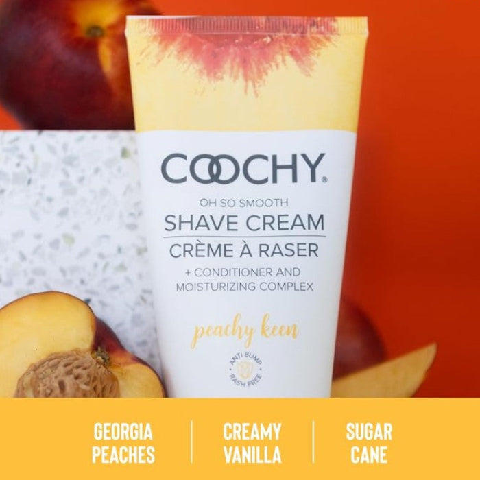 COOCHY Peachy Keen Shave Cream 7.2 oz with fresh peaches highlighting Georgia peach, creamy vanilla, and sugar cane fragrance notes.