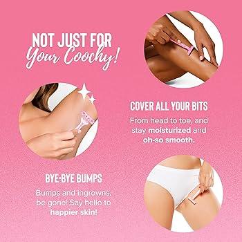 Images of women using Coochy Shave Cream as a hair removal product on various parts of their body against a pink background