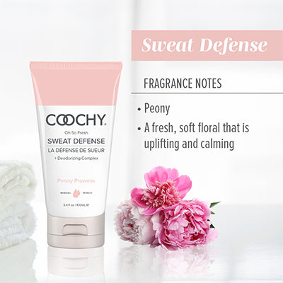 Coochy Sweat Defense fragrance notes - peony scent, fresh soft floral that is uplifting and calming for anti-chafing lotion