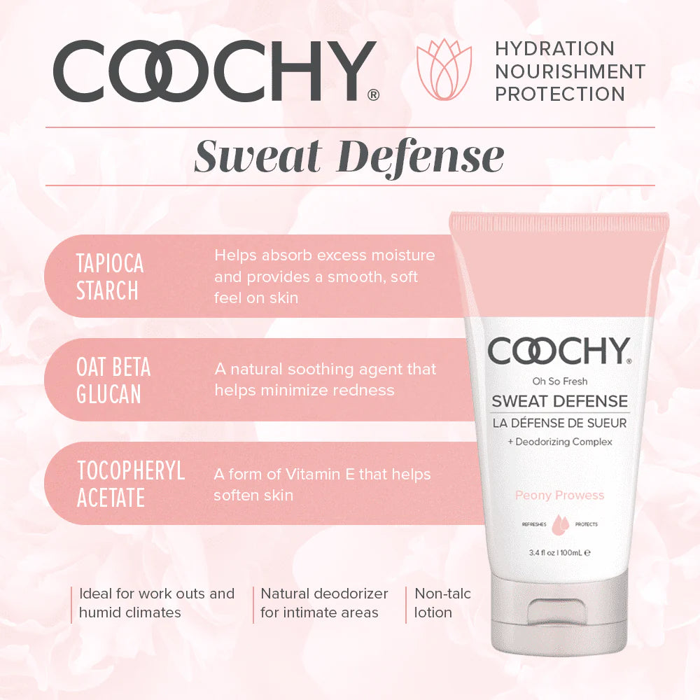Coochy Sweat Defense key ingredients - tapioca starch absorbs moisture, oat beta glucan soothes redness, tocopheryl acetate vitamin E softens skin - ideal for workouts and humid climates