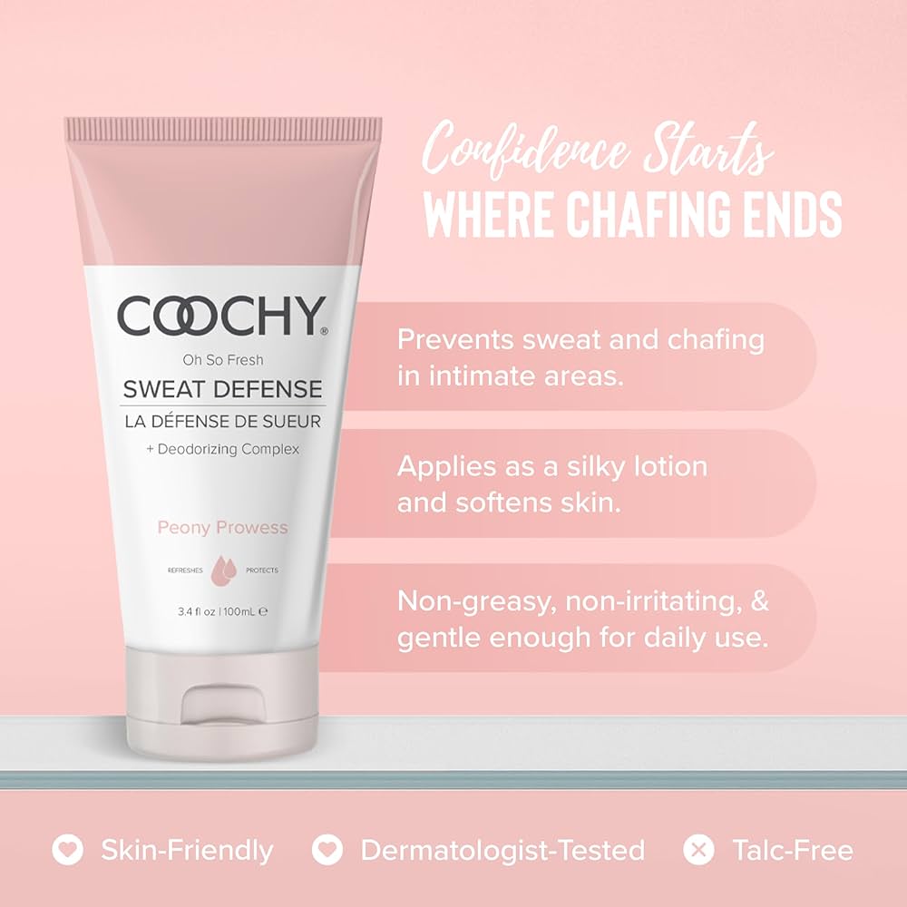 Coochy Sweat Defense prevents sweat and chafing in intimate areas - silky lotion softens skin, non-greasy non-irritating gentle for daily use, skin-friendly dermatologist-tested talc-free