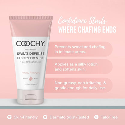 Coochy Sweat Defense prevents sweat and chafing in intimate areas - silky lotion softens skin, non-greasy non-irritating gentle for daily use, skin-friendly dermatologist-tested talc-free