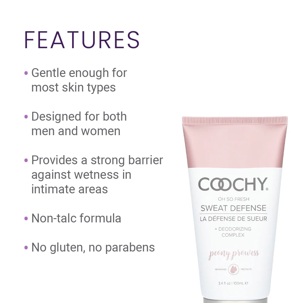 Coochy Sweat Defense features - gentle for most skin types, designed for men and women, provides barrier against wetness in intimate areas, non-talc formula, gluten-free paraben-free