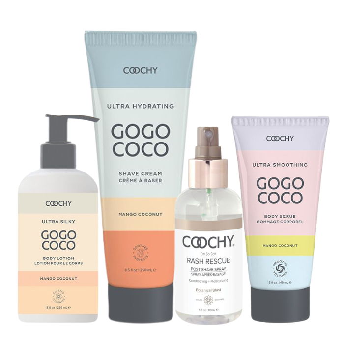 Set of Coochy GOGO COCO Ultra Collection and Coochy Rash Rescue Post Shave skincare products on a white background