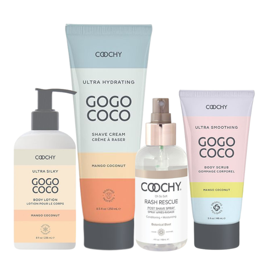 Set of Coochy GOGO COCO Ultra Collection and Coochy Rash Rescue Post Shave skincare products on a white background