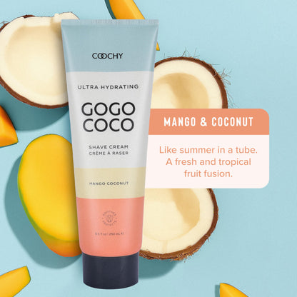 Coochy Ultra Hydrating GoGo CoCo Shave Cream in mango coconut scent with fresh mango and coconut on blue background - like summer in a tub