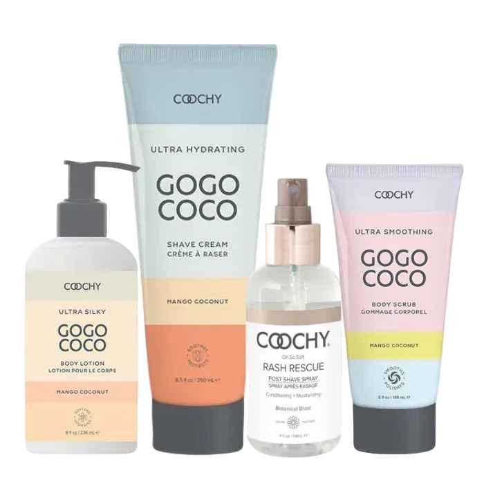 Set of Coochy GOGO COCO Ultra Collection and Coochy Rash Rescue Post Shave skincare products on a white background