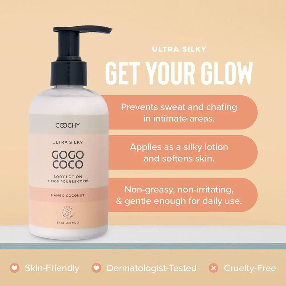 Coochy Ultra Silky GOGO COCO body lotion bottle with key product features on a beige background