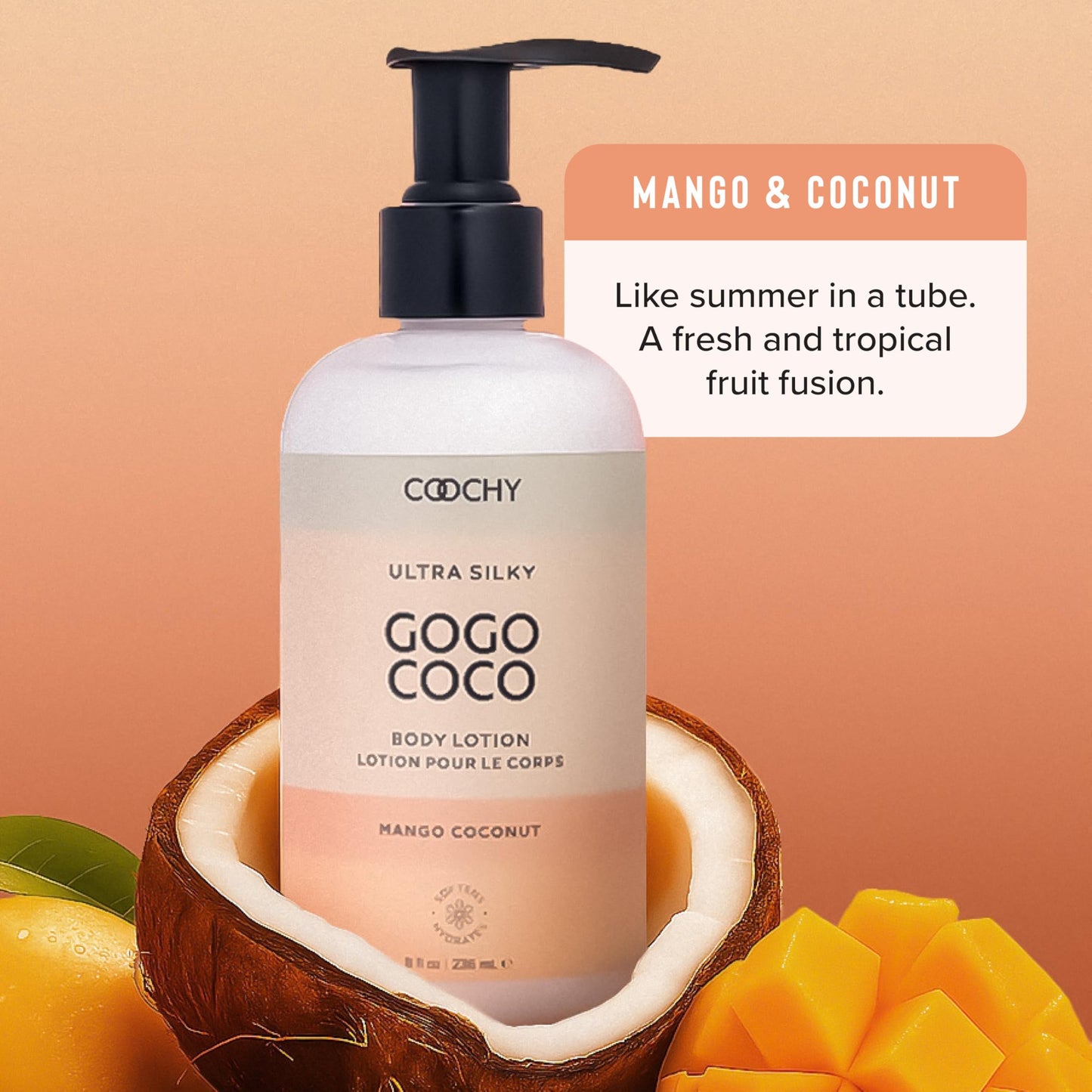 Coochy Ultra Silky GoGo CoCo Body Lotion in mango coconut scent with fresh coconut and mango on peach background