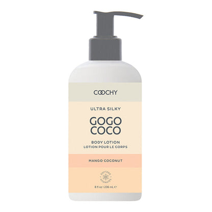 Bottle of Coochy Ultra Silky GoGo CoCo Body Lotion with refreshing mango coconut scent, perfect for hydrating skin and softening hair regrowth