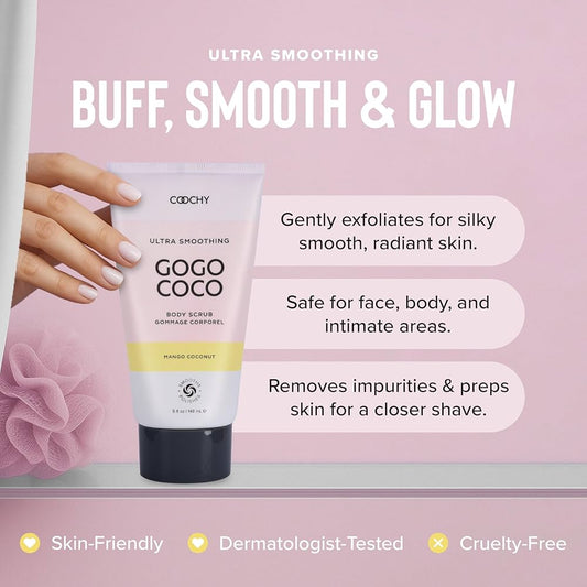 Coochy Ultra Smoothing GoGo CoCo Body Scrub benefits - gently exfoliates for silky smooth radiant skin, safe for face body and intimate areas